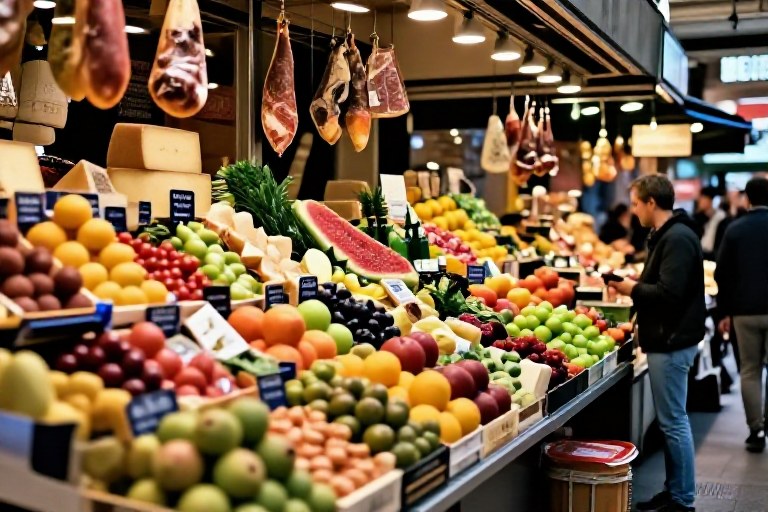 Bustling Mediterranean food market in Barcelona