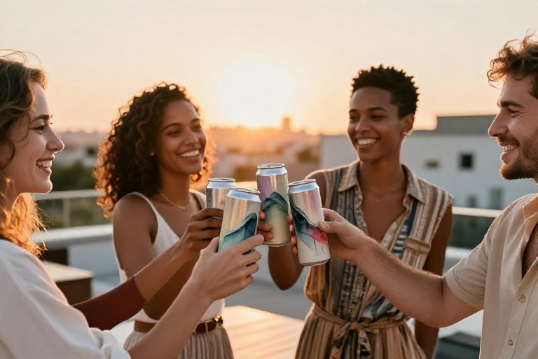 Friends toasting drinks on a sunny rooftop