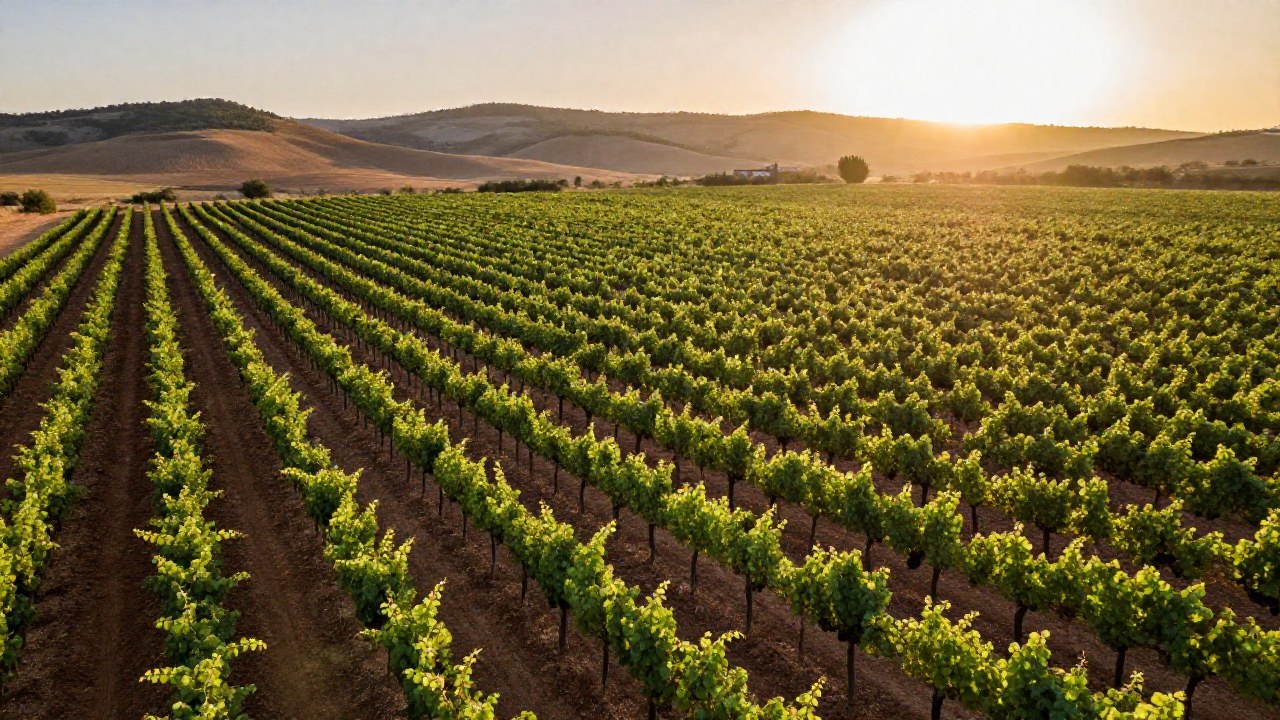 Sun-drenched organic vineyard rows at sunrise